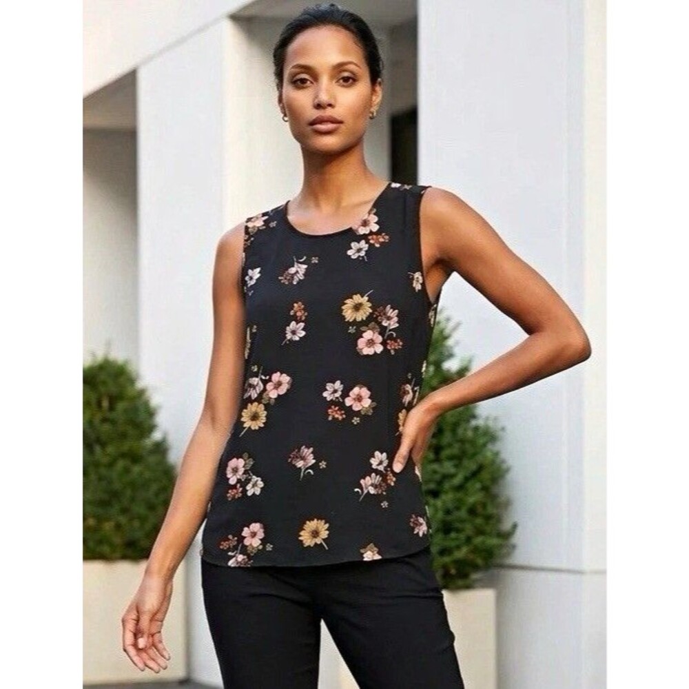 Who What Wear Black Multicolor Floral Woven Round Neck Sleeveless Blouse M